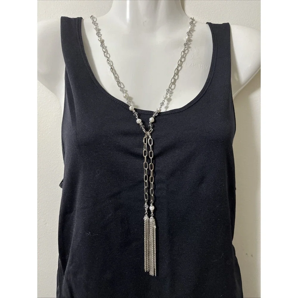 Premier Designs Pearlfection Elongated Silver Tone Chain Faux Pearls Tassels